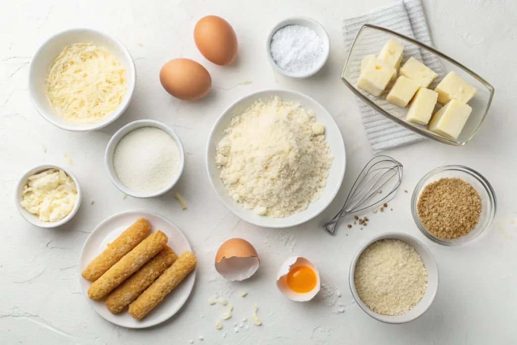 A bright white kitchen countertop displaying mozzarella cheese, breadcrumbs, eggs, flour, and seasonings, prepared for making cheese sticks.