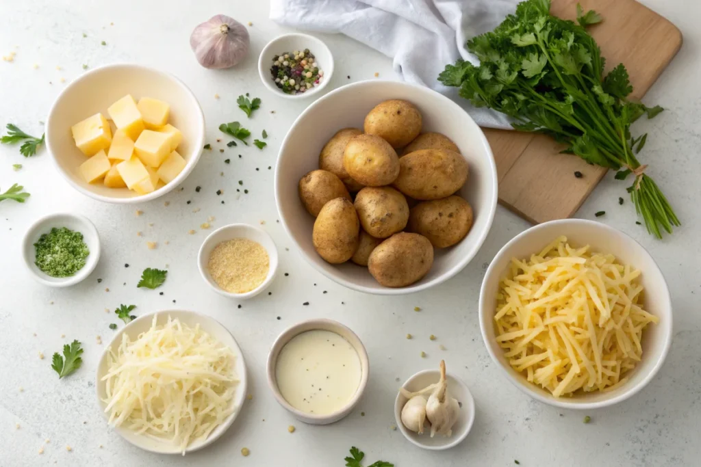 A bright white kitchen countertop displaying baby potatoes, shredded cheese, butter, garlic, and herbs, ready for making cheesy smashed potatoes.
