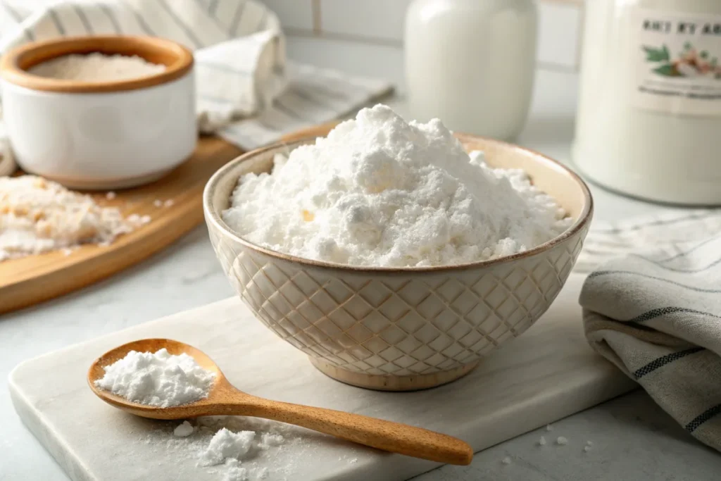 A bowl of freshly made 2-ingredient snow with a fluffy texture, scooped with a wooden spoon in a bright white kitchen.