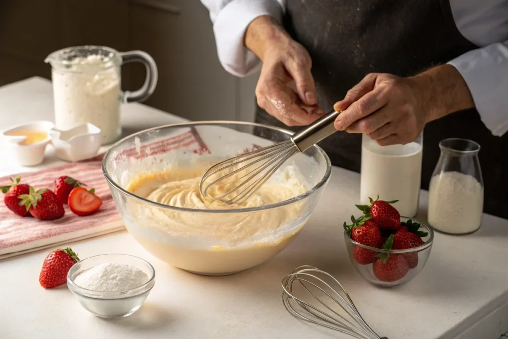 Baker mixing strawberry cream cheese pound cake batter in a white kitchen, with fresh strawberries and ingredients on the counter.