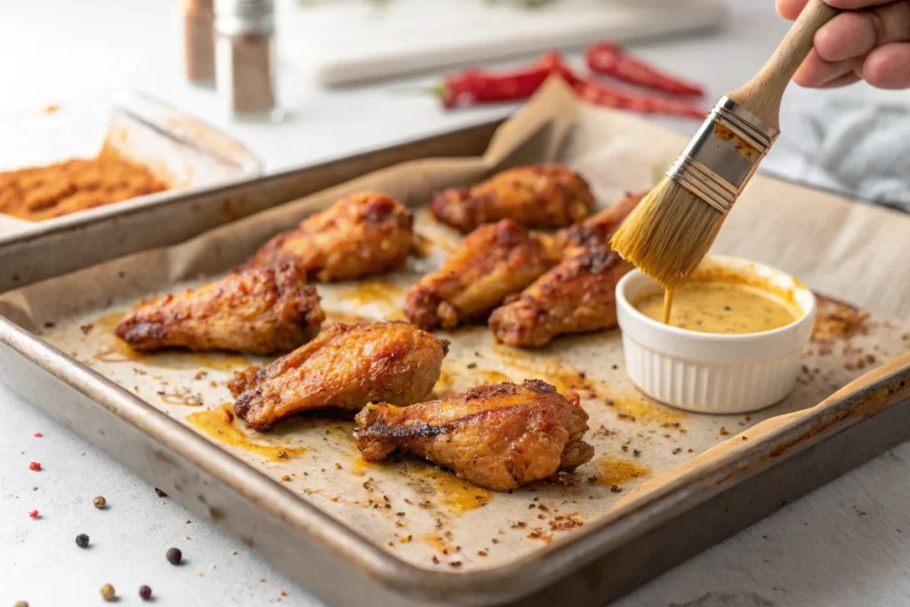  A baking sheet filled with crispy, golden cowboy butter chicken wings fresh out of the oven, with a basting brush adding extra butter sauce in a bright white kitchen.