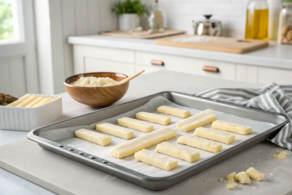 A baking tray lined with parchment paper, filled with cheese sticks ready to be baked, set in a bright white kitchen.
