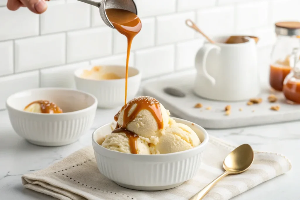 A spoon drizzling warm caramel sauce made from condensed milk over a scoop of vanilla ice cream in a white bowl, set in a bright white kitchen.