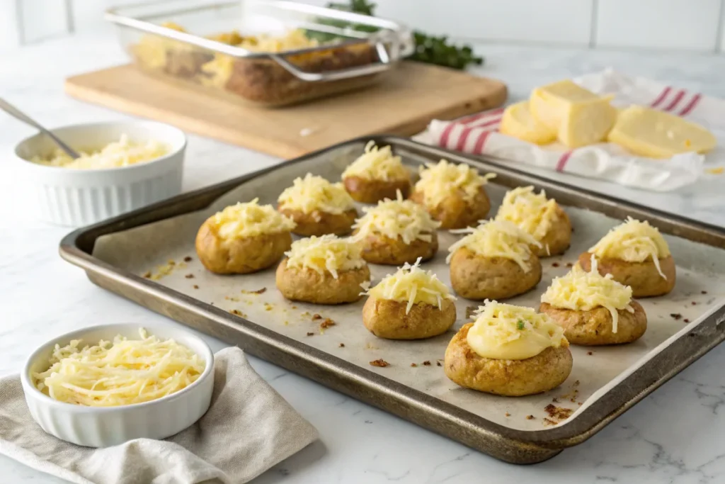 A tray of smashed potatoes brushed with butter and sprinkled with shredded cheese, placed on a white marble countertop in a bright white kitchen.