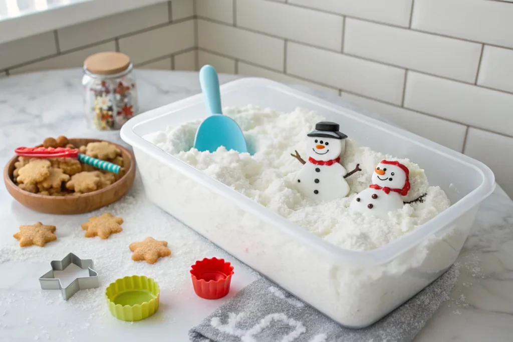 A sensory play bin filled with fluffy 2-ingredient snow, toy snowmen, and cookie cutters in a bright white kitchen.