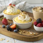 A trio of mini baby lemon impossible pies with unique toppings, displayed on a wooden tray in a bright white kitchen.