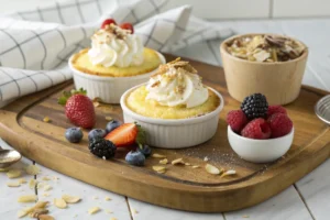 A trio of mini baby lemon impossible pies with unique toppings, displayed on a wooden tray in a bright white kitchen.