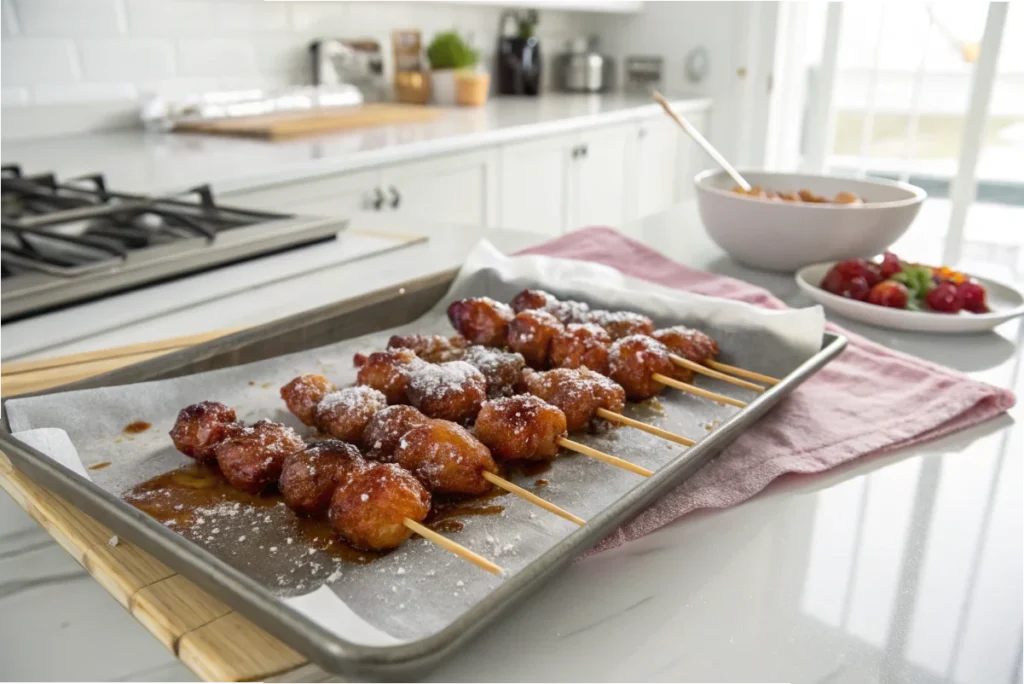 A hand breaking a Tanghulu skewer, revealing the crunchy sugar shell cracking open to a juicy strawberry, set in a bright white kitchen.