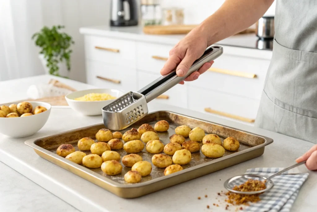 A person using a potato masher to press down on baby potatoes, creating crispy smashed potatoes on a baking tray in a bright white kitchen.
