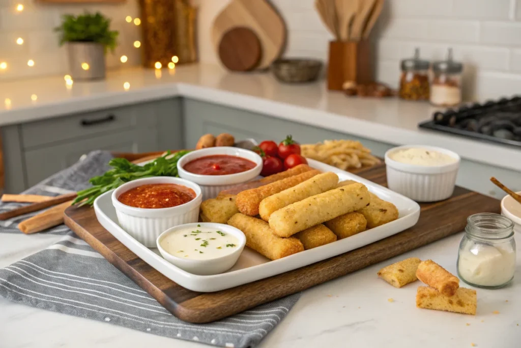 A serving platter with crispy cheese sticks and dipping sauces, including marinara, ranch, and garlic aioli, set on a white kitchen island.