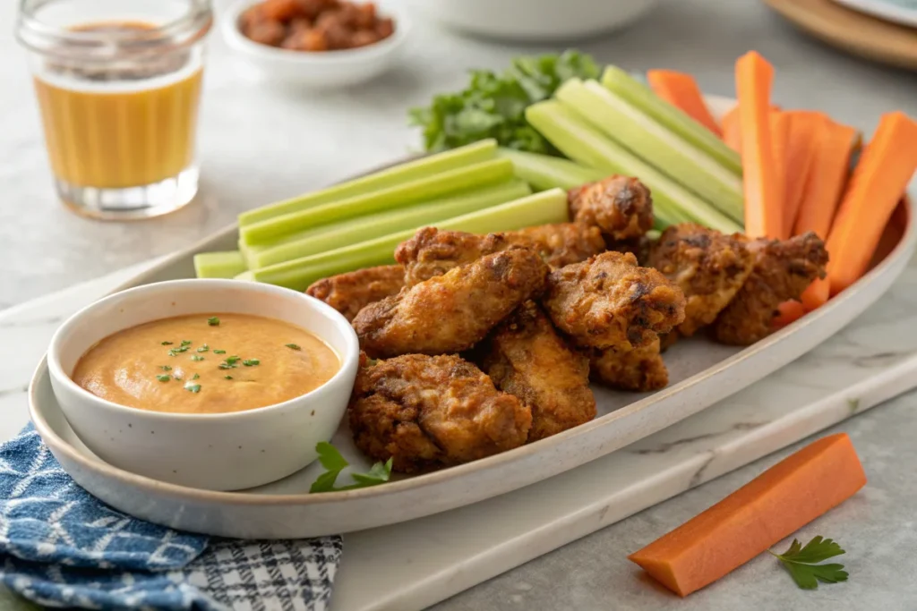 A serving platter with cowboy butter chicken wings, celery sticks, carrot slices, and dipping sauce, arranged on a white kitchen island with soft lighting.