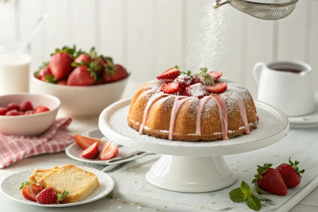 Decorated strawberry cream cheese pound cake on a white cake stand, topped with fresh strawberries and powdered sugar, in a bright white kitchen.