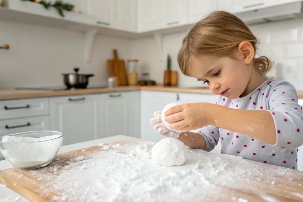 A child’s hands forming a small snowball with 2-ingredient snow in a bright white kitchen.