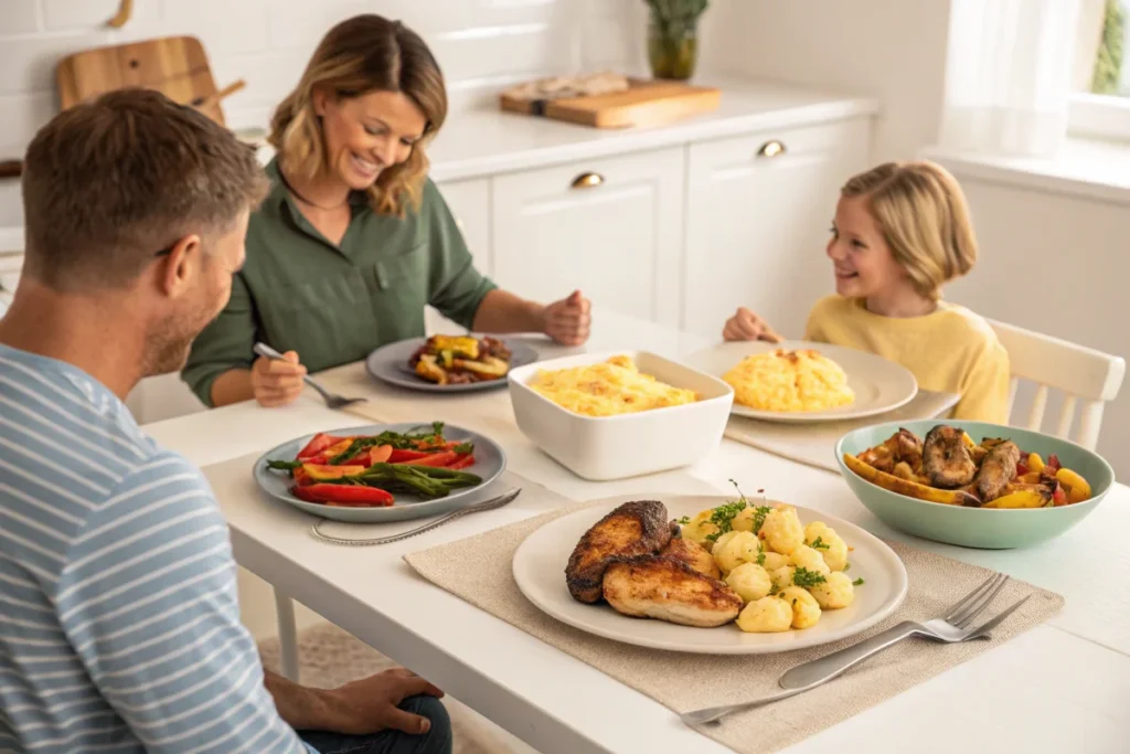  A family sitting around a white kitchen table, enjoying cheesy smashed potatoes with grilled chicken and roasted vegetables in a cozy setting.