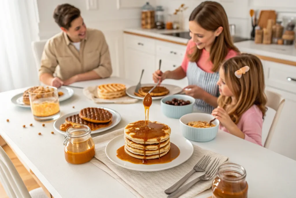 A family gathered around a white kitchen table, drizzling homemade caramel made from condensed milk over pancakes and waffles, creating a warm and inviting meal experience.