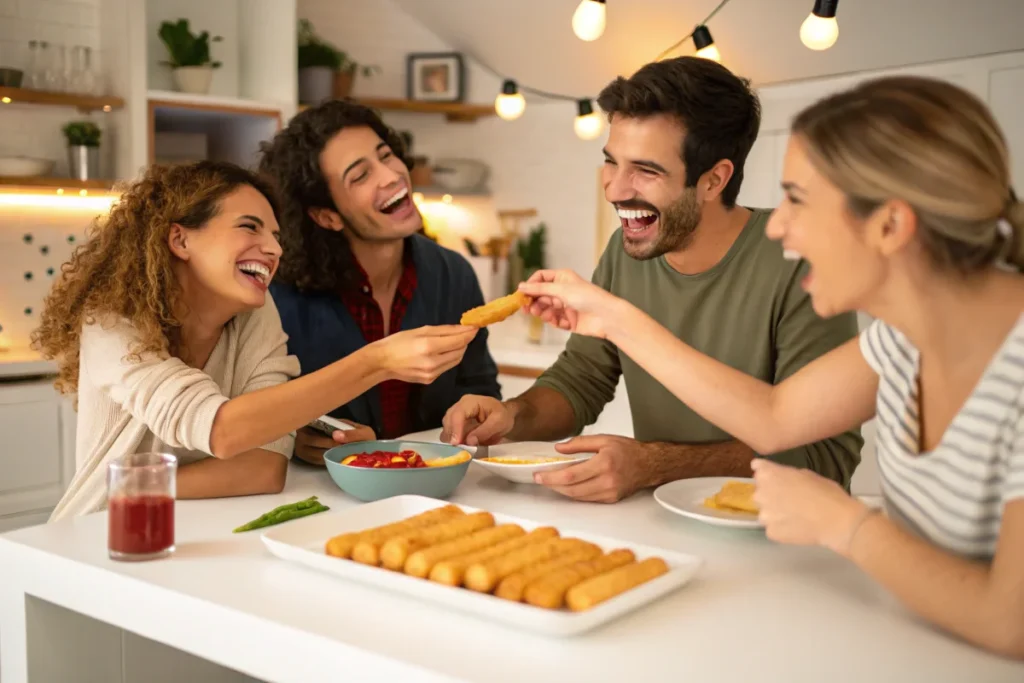 A group of friends gathered around a white kitchen table, sharing crispy cheese sticks and enjoying a fun, casual meal together.