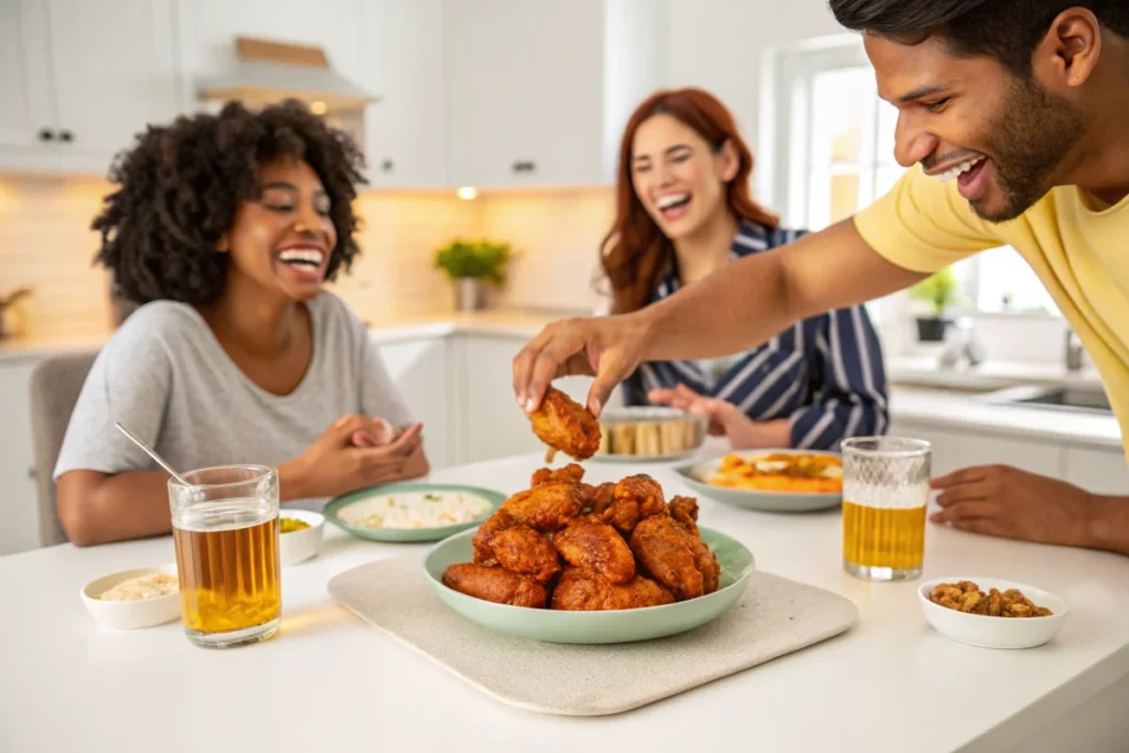 A group of friends gathered around a white kitchen table, sharing cowboy butter chicken wings, creating a fun and inviting meal experience.