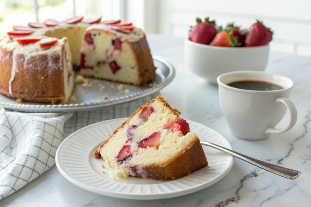 A slice of strawberry cream cheese pound cake on a white plate, showing moist texture and fresh strawberries, in a bright white kitchen.