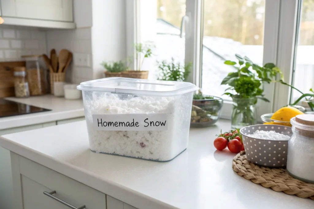 A storage container filled with homemade 2-ingredient snow, keeping it fresh in a bright white kitchen.