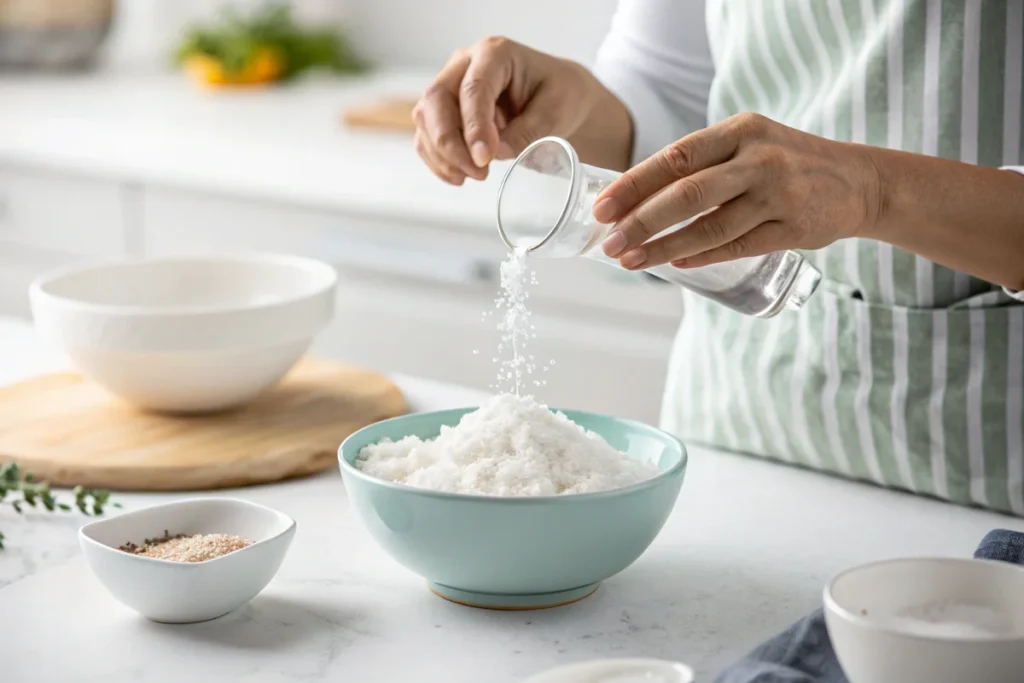 A person adding water to dried-out 2-ingredient snow, restoring its texture in a bright white kitchen.