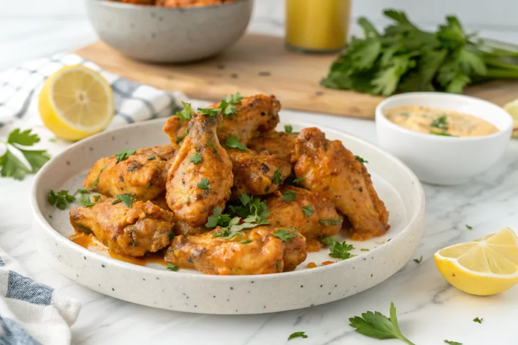 A plate of golden brown cowboy butter chicken wings coated in a herby butter sauce, garnished with fresh parsley and lemon wedges, set on a white marble countertop in a bright white kitchen.