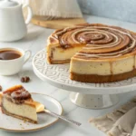 A freshly baked cinnamon roll honeybun cheesecake with a vanilla glaze spiral, displayed in a bright white kitchen.