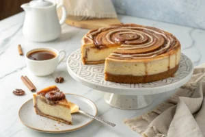 A freshly baked cinnamon roll honeybun cheesecake with a vanilla glaze spiral, displayed in a bright white kitchen.