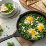 Freshly cooked green shakshuka in a black skillet, garnished with feta, parsley, and green onions, served in a modern white kitchen.