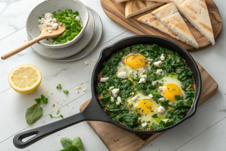 Freshly cooked green shakshuka in a black skillet, garnished with feta, parsley, and green onions, served in a modern white kitchen.