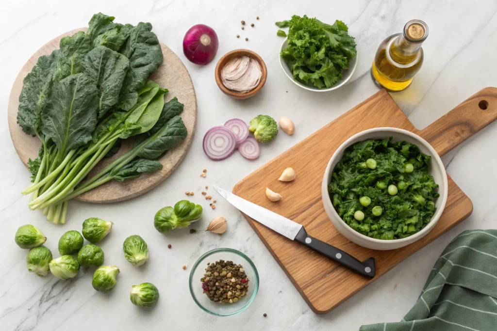 Fresh ingredients for Green Shakshuka, including kale, spinach, Brussels sprouts, red onion, and spices, artfully arranged in a white kitchen.