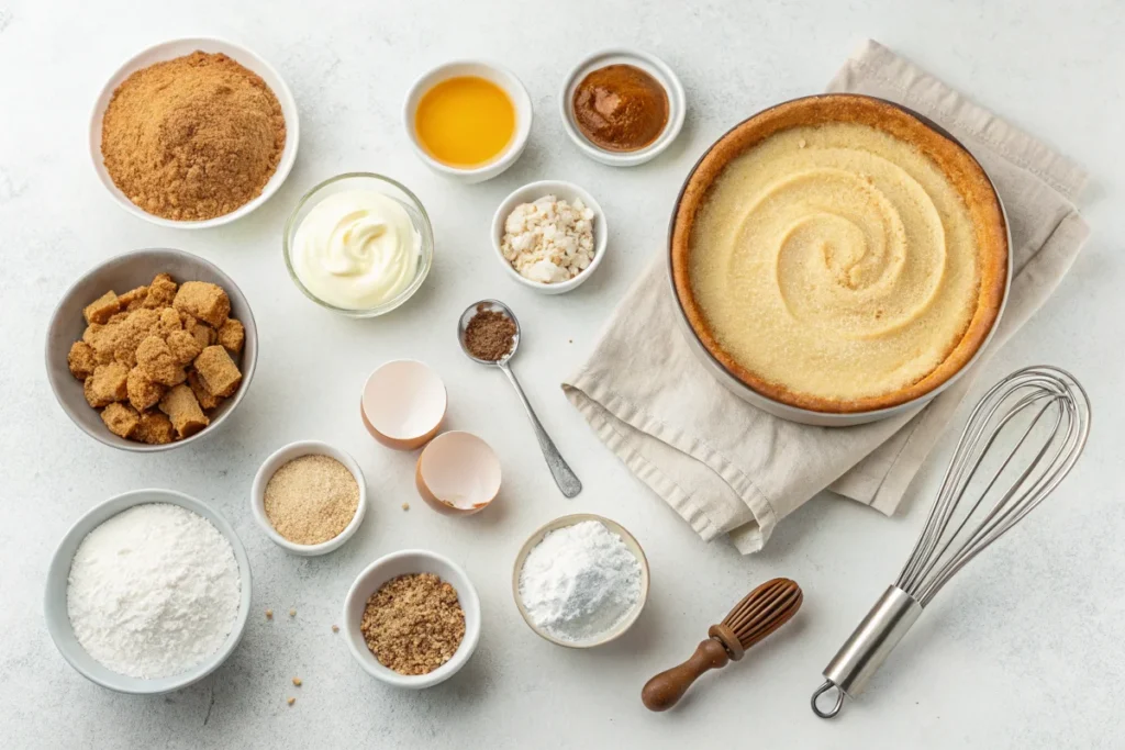 Ingredients for Cinnamon Roll Honeybun Cheesecake, including cream cheese, cinnamon, and graham cracker crumbs, displayed in a bright white kitchen.