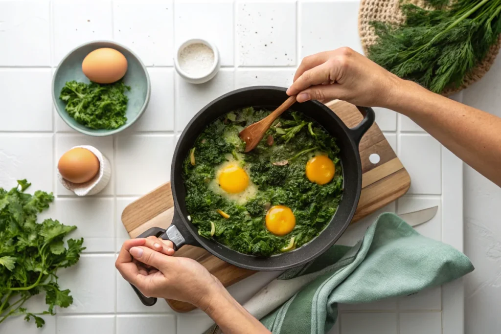 Fresh eggs being cracked into a skillet of simmering greens for green shakshuka in a modern white kitchen.