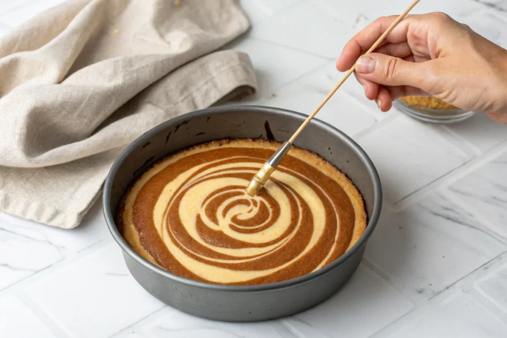 A baker swirling cinnamon into cheesecake batter to create a marbled effect in a bright white kitchen.