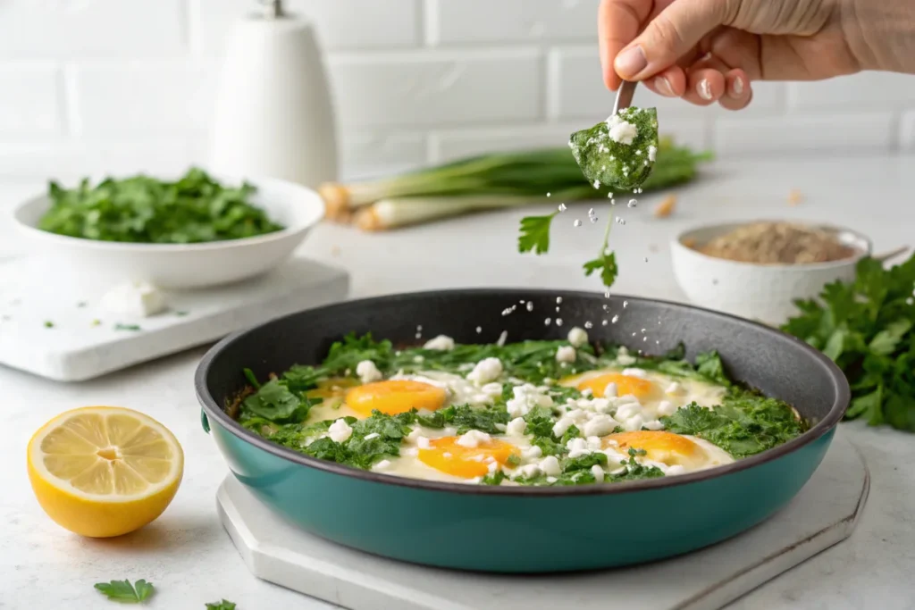 Hand sprinkling feta and parsley over steaming green shakshuka in a stylish white kitchen.