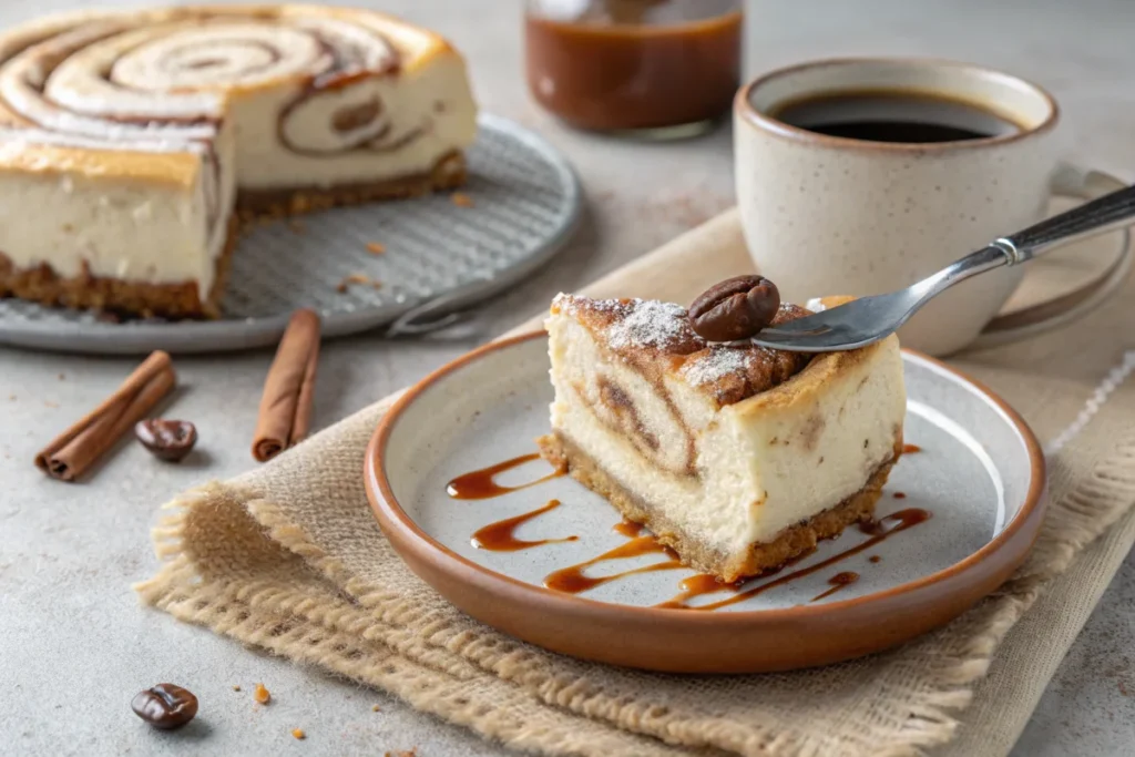 A slice of cinnamon roll honeybun cheesecake on a plate, with coffee and caramel drizzle in a bright white kitchen.