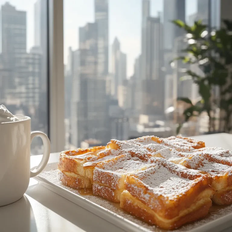 Macro close-up of cinnamon French toast in white kitchen with syrup detail and apartment skyscraper view in daylight.