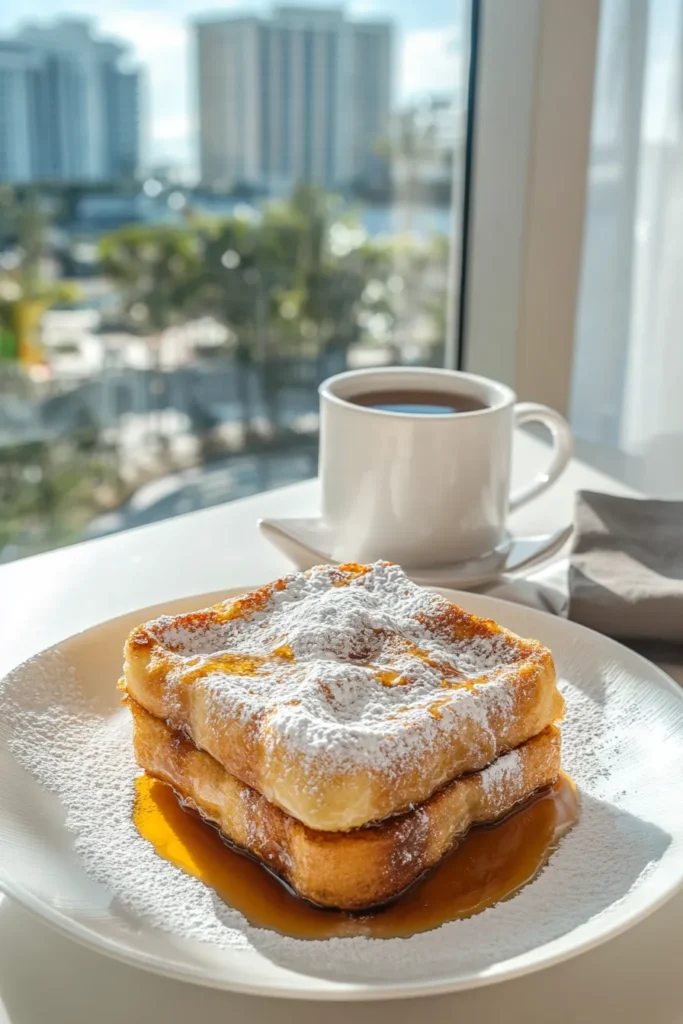 Macro close-up of cinnamon French toast in white kitchen with syrup detail and apartment skyscraper view in daylight.