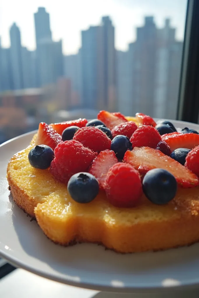 Macro berry-topped French toast in bright white kitchen with fruit detail and daylight skyscraper apartment view.