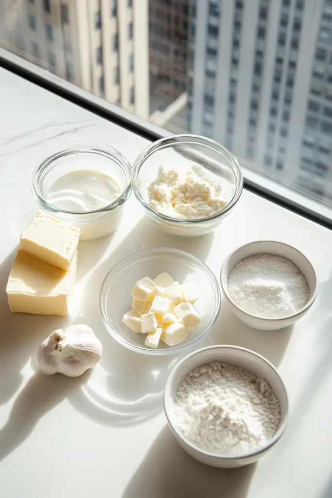 Top-view photo of Hello Fresh Cream Sauce Base Recipe in a white kitchen with a skyscraper view, featuring heavy cream, garlic, shallots, butter, and flour.