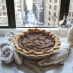 Collage of serving Kentucky Derby Pie with toppings in a white daylight apartment kitchen with city skyline.