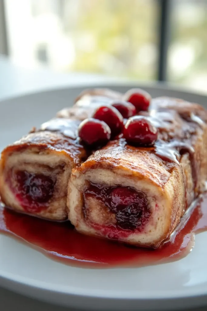 Macro cherry Nutella French toast in white kitchen with rich close-up and skyscraper apartment view in bright daylight.