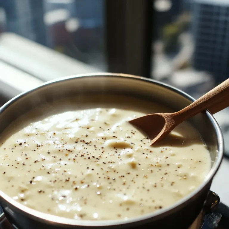 Creamy pasta topped with Hello Fresh cream sauce base in a bright white kitchen with apartment view on city skyscrapers, shot from top view close-up.