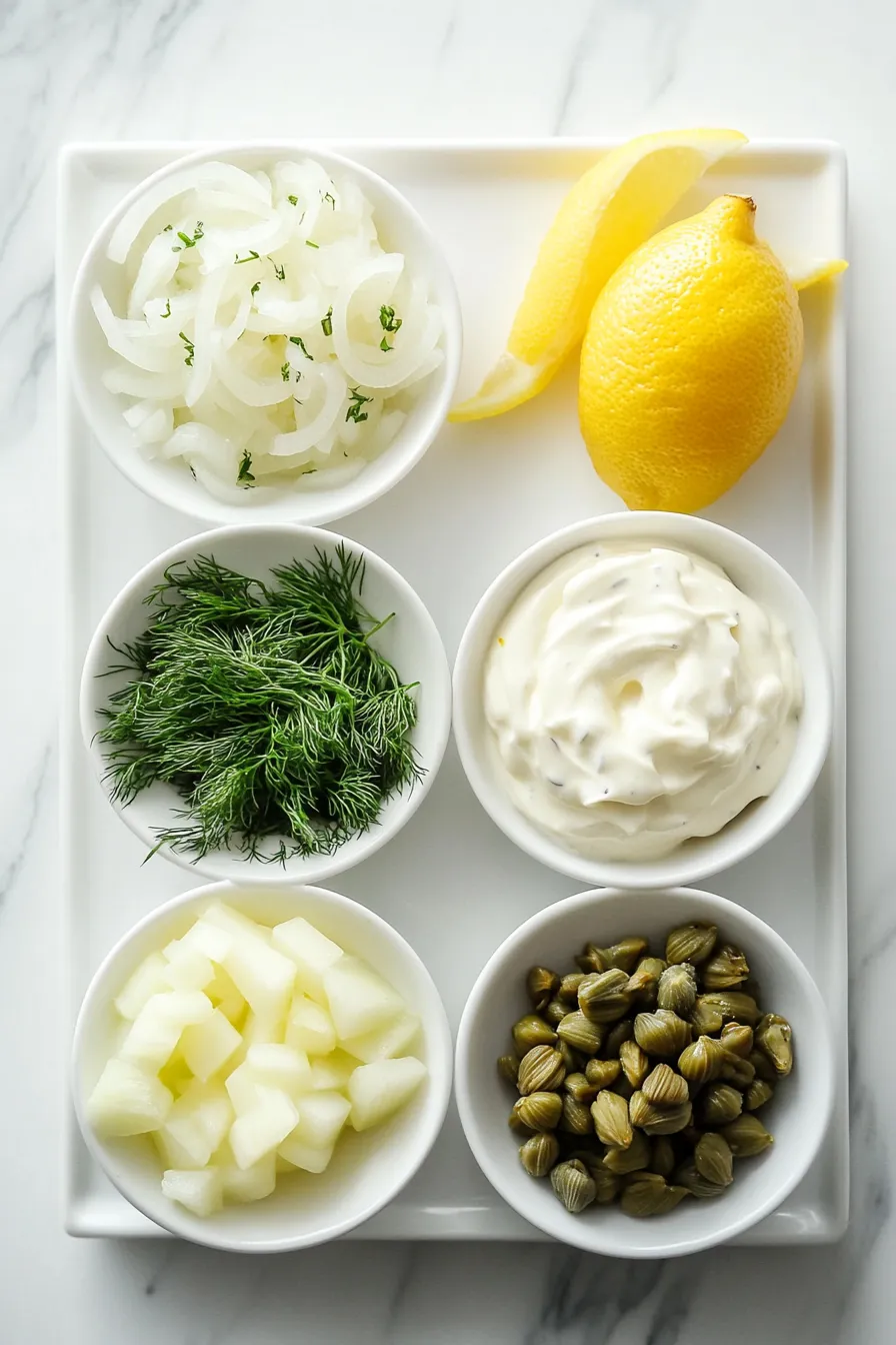 Top view of classic ingredients for copycat Hellmann's tartar sauce in a white kitchen with a daylight skyscraper view.