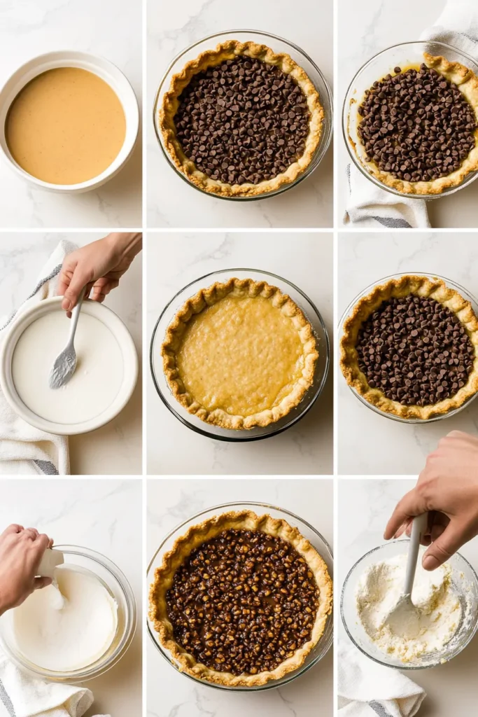 Collage of recipe steps for Kentucky Derby Pie in a top view kitchen with apartment city view.
