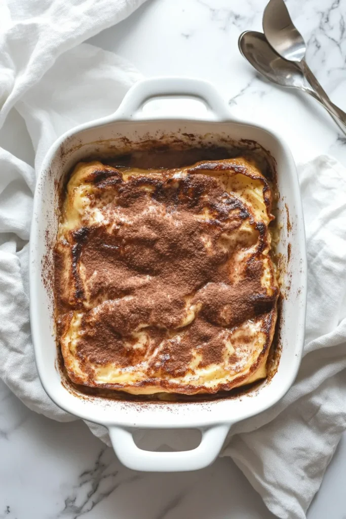 Macro baked French toast casserole in white kitchen with detailed texture and apartment skyscraper skyline in sunlight.