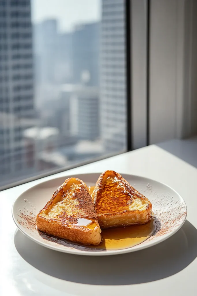 Macro vanilla French toast in white kitchen with syrup details and clear city skyscraper apartment view in daylight.