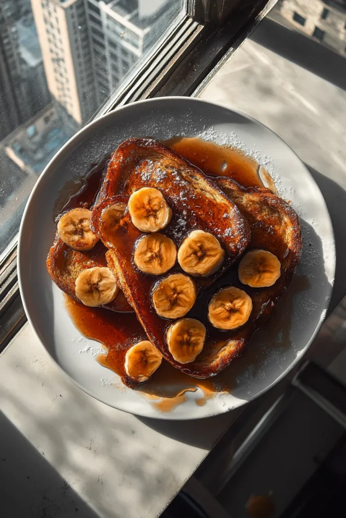 Macro bananas foster French toast in white kitchen with detailed caramel texture and skyscraper view in sunny apartment.