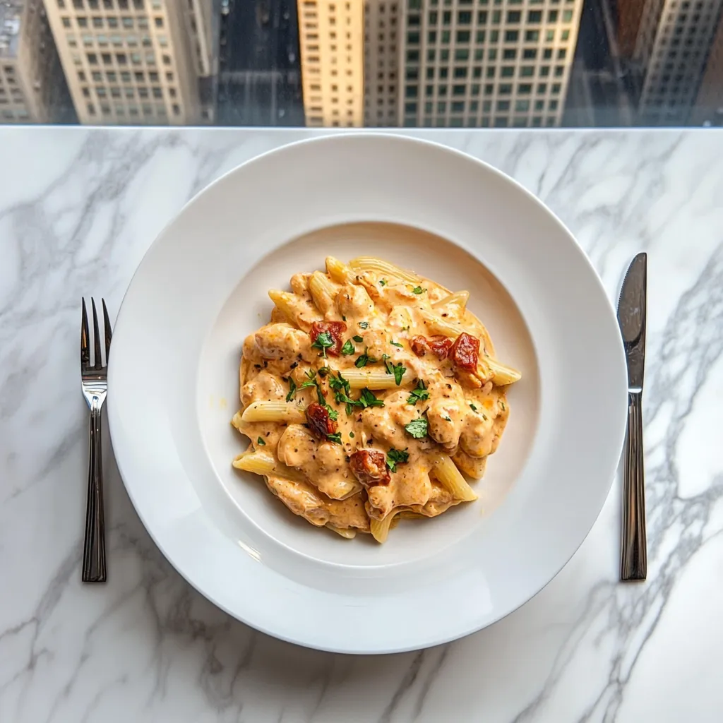 Creamy pasta topped with Hello Fresh cream sauce base in a bright white kitchen with apartment view on city skyscrapers, shot from top view close-up.