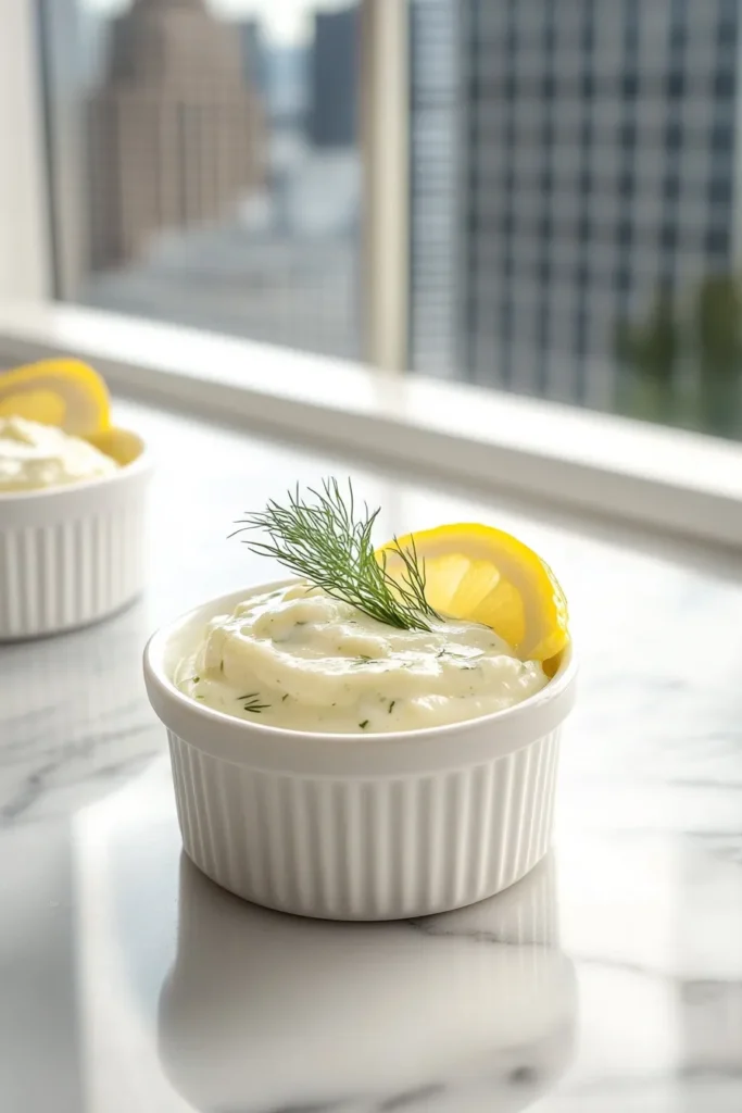 Freshly made copycat Hellmann’s tartar sauce in a white ramekin in a daylight kitchen with urban skyscraper views.
