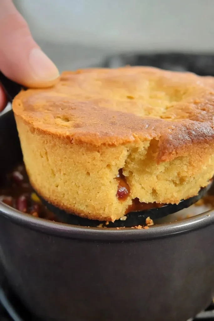 Cornbread batter being poured over chili base for cornbread topped chili pie from scratch in a bright kitchen with skyscraper view.